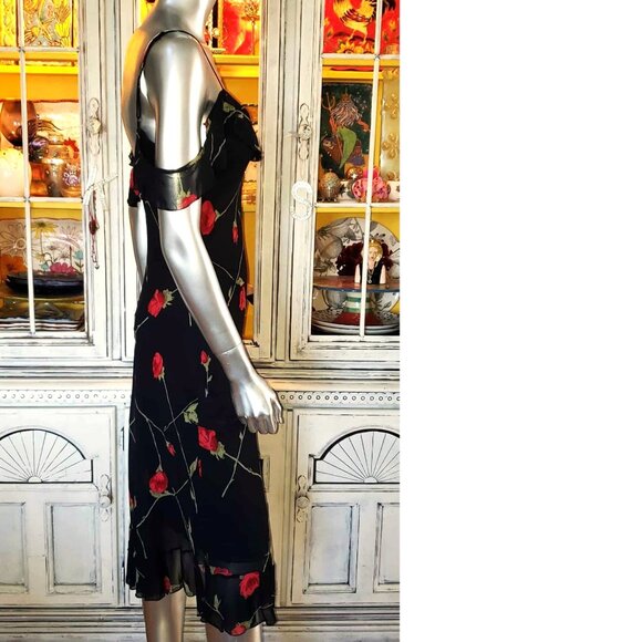 Vintage Betsey Johnson New York 90s Black Floral Red Rose Milkmaid Slip Dress S - Picture 11 of 15